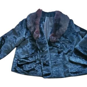 Vintage Black Fur Fancy Coat Women Sportown Velour Embossed Jacket SZ M Mob Wife